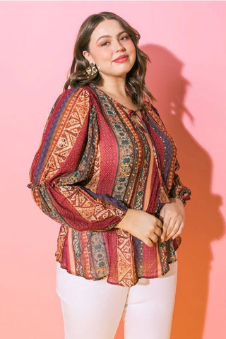 Boho Printed Woven Peplum Top - Plus Size