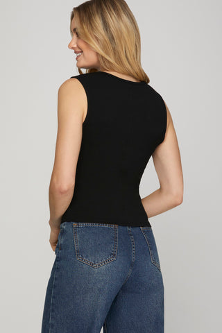Sleeveless Knit Rib Tank Top – Black & Light Taupe