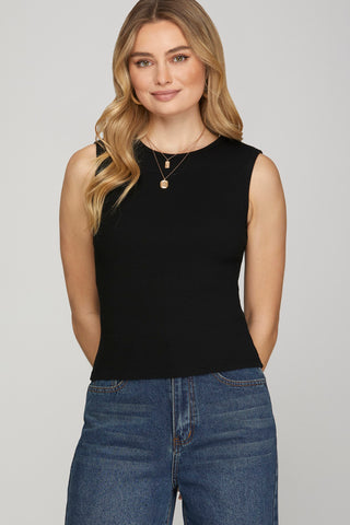Sleeveless Knit Rib Tank Top – Black & Light Taupe