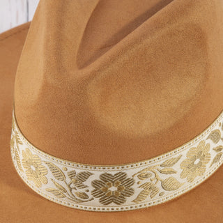 Wide Brim Felt Hat with Floral Ribbon Band