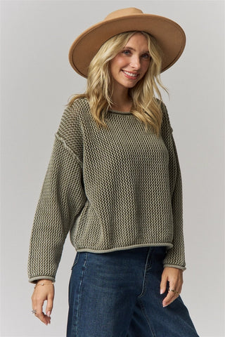 Rolled Hem Textured Knit Sweater Top - Green