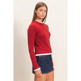 Red & White Layer Effect Fitted Long Sleeve Knit Top