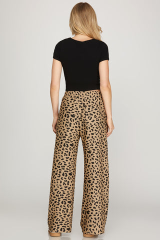 Long Wide-Leg Textured Knit Leopard Print Pants with Pockets