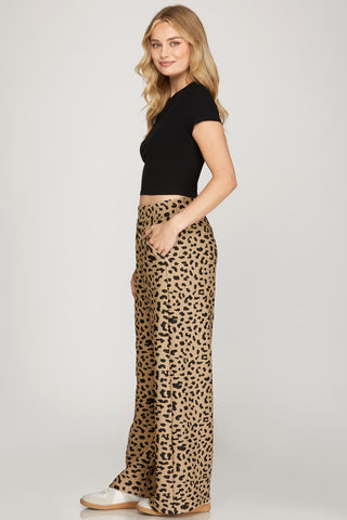 Long Wide-Leg Textured Knit Leopard Print Pants with Pockets