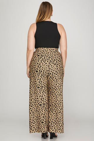 Long Wide-Leg Textured Knit Leopard Print Pants with Pockets