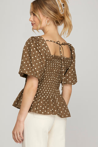 Puff Sleeve Polka Dot Smocked Peplum Top – Brown &amp; Cream