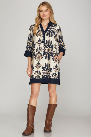 Printed Mini Dress – Half Sleeves, Contrast Trim & Pockets