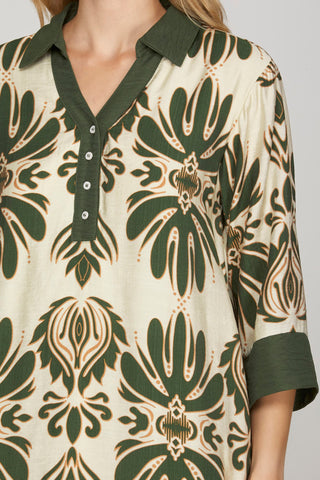Printed Mini Dress – Half Sleeves, Contrast Trim & Pockets- Olive