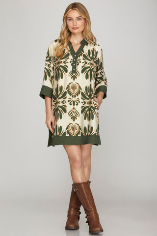 Printed Mini Dress – Half Sleeves, Contrast Trim & Pockets- Olive