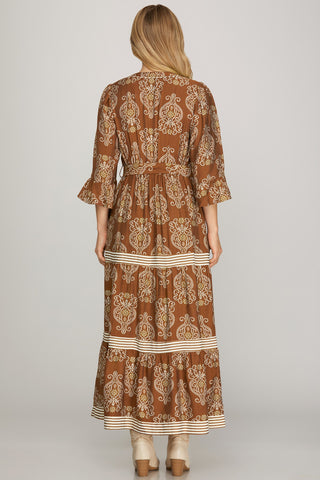 Boho Brown Tiered Maxi Dress – Ruffled Sleeves, Contrast Trim & Pockets