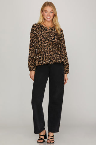 Long Sleeve Waist Elastic Leopard Print Woven Top