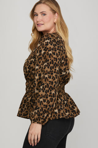 Long Sleeve Waist Elastic Leopard Print Woven Top