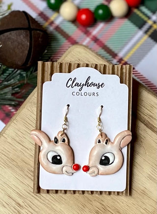 Handmade Rudolph Reindeer Polymer Clay Earrings