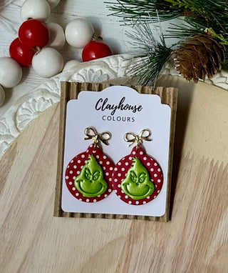 Handmade Grinch Polka Dot Polymer Clay Earrings