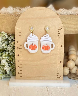 Pumpkin coffee cup earrings with whipped topping and seasonal orange details