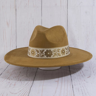 Wide Brim Felt Hat with Floral Ribbon Band