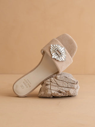 Brooch Slide Sandal | Crystal Embellished Suede Flat Sandal
