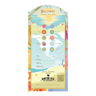 Back of Jilzarah Vacation Memories bracelet header card showing all 10 coastal bead motifs