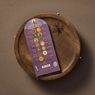 Back of Jilzarah Halloween bracelet header card showing all 14 bead motifs