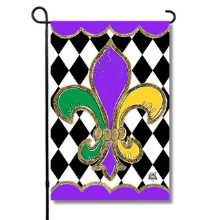 Mardi Gras Fleur de Lis Garden Glam Flag – Double Sided UV-Printed Vinyl, 12" x 18"
