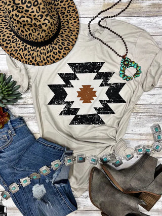 Neutral Fremont Aztec tee with distressed black geometric graphic and rust center