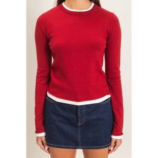 Red & White Layer Effect Fitted Long Sleeve Knit Top