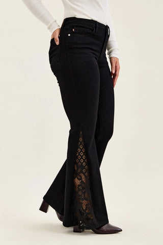 Judy Blue Jaqueline Mid-Rise Lace Hem Ultra Flare Jeans – Shadow Luxe Black