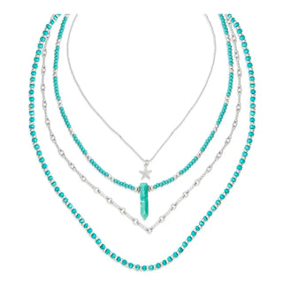 Blue-green multilayer beaded necklace with silver-tone chains and pendant accents