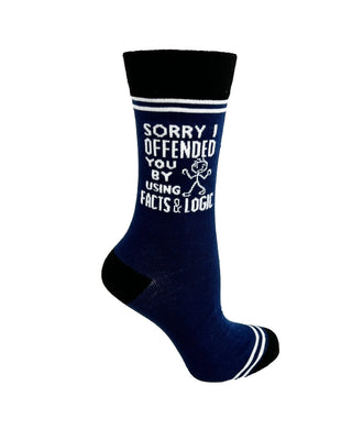 Navy crew sock with Sorry I Offended You by Using Facts and Logic lettering, white character and stripes, and black cuff, heel, and toe
