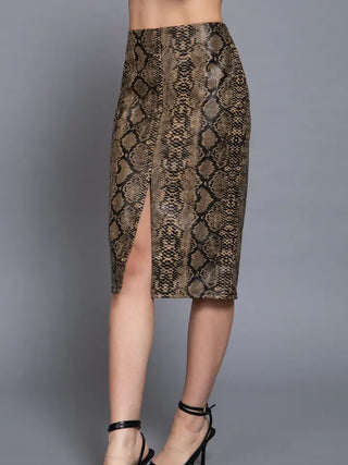 High Waist Open Front Snake Print Faux Leather Pencil Midi Skirt