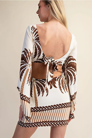 Open Back Long Sleeve Palm Tree Mini Dress