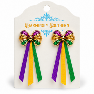 Mardi Gras Bow Earrings with Ribbon Tails