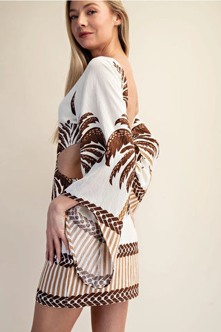 Open Back Long Sleeve Palm Tree Mini Dress