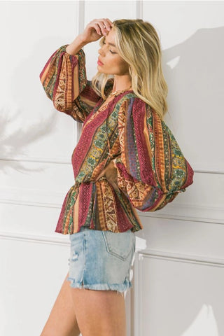 Boho Printed Woven Peplum Top - Multicolor
