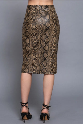 High Waist Open Front Snake Print Faux Leather Pencil Midi Skirt