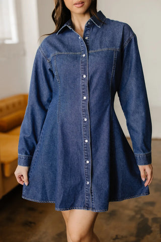 Blue denim collared shirt dress with long sleeves, button front, and fit-and-flare silhouette