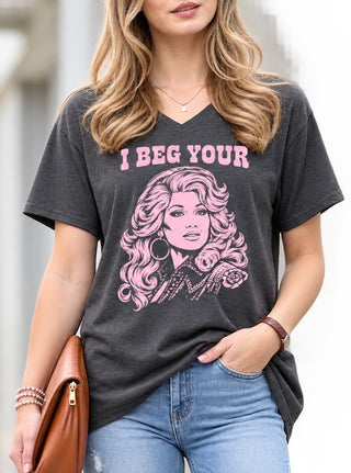 "I Beg Your Parton" V-Neck Charcoal Graphic T-Shirt