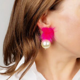 Pink Faux Mink Pompon & Pearl Earrings
