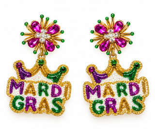 Golden Lily Mardi Gras drop earrings with a sparkling magenta and green burst above a Mardi Gras-lettered drop in purple, green, and gold.