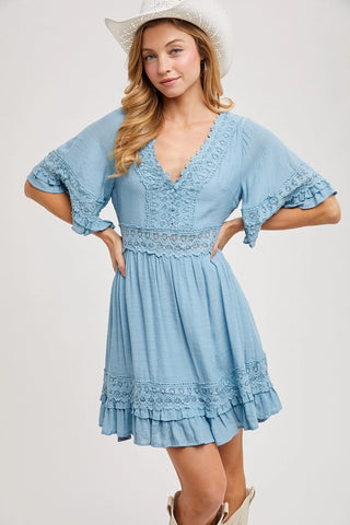 Blue Lace Open Back V-Neck Babydoll Dress