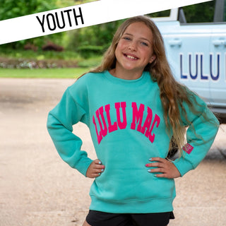 Lulu Mac Youth Puff Logo Crewneck Sweatshirt – Mint & Hot Pink