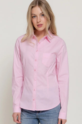 Pink Long Sleeve Button Down Stretch Poplin Shirt