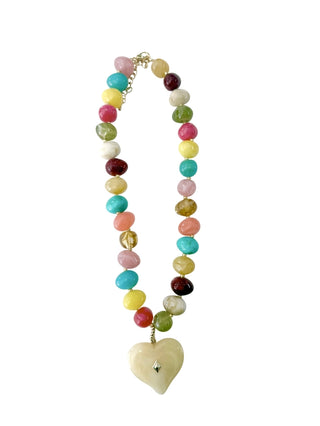 Beaded Necklace with Heart Charm- Multi