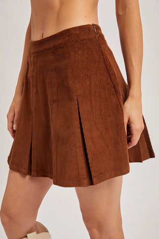 Brown Corduroy Pleated Mini Skirt