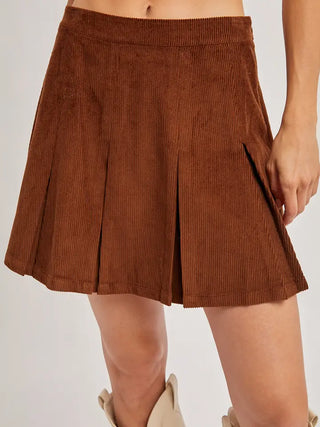 Brown Corduroy Pleated Mini Skirt