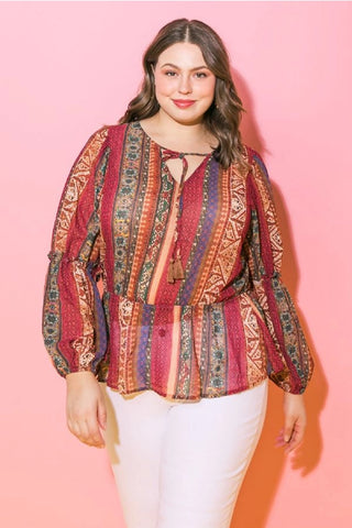 Boho Printed Woven Peplum Top - Plus Size