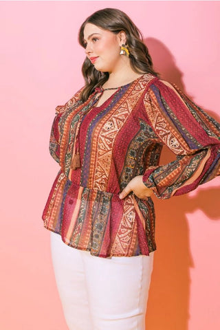 Boho Printed Woven Peplum Top - Plus Size