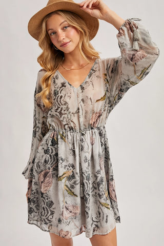Floral Print Drawstring Bubble Sleeved V-Neck Mini Dress