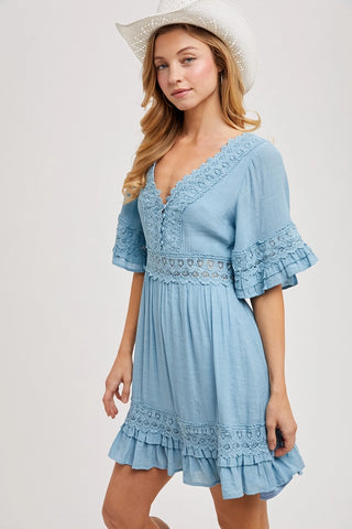 Blue Lace Open Back V-Neck Babydoll Dress