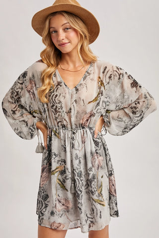 Floral Print Drawstring Bubble Sleeved V-Neck Mini Dress